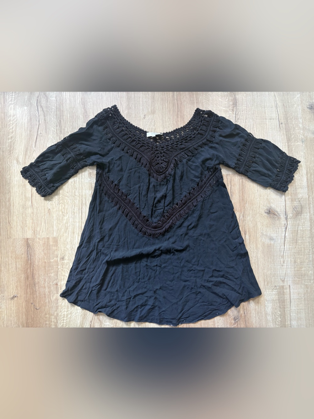 Umgee Flowy Black Crochet Trim V-Neck Tunic Beach Coverup